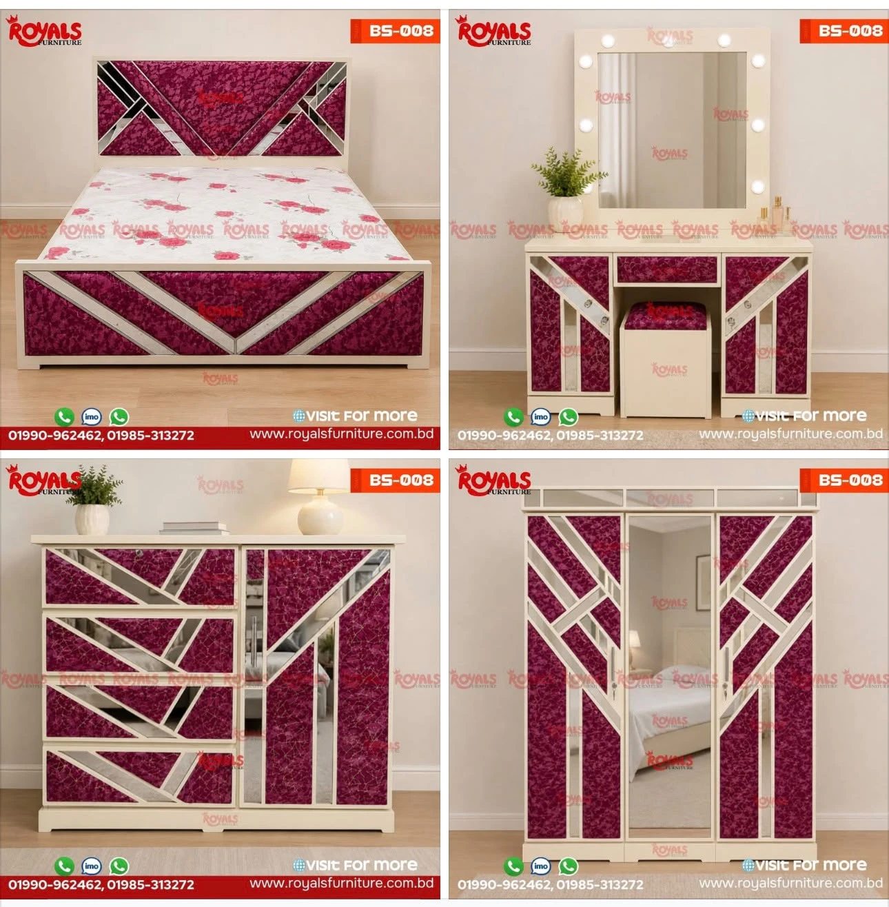 BS-008 Maroon Mirrored Velvet Bedroom Set